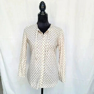 Fossil Blouse Button Shirt Top Polka Dot Beige White 3/4 Sleeve V Neck Tie M